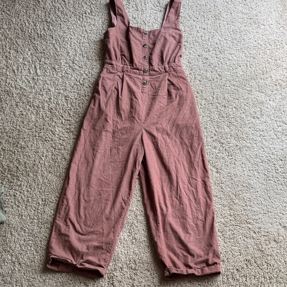 American Eagle Outfitters Mauve Button-Front Wide-Leg Jumpsuit - Picture 2 of 12